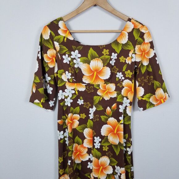 Ui-Maikai Hawaiian VTG 70s Empire  Hibiscus Print Maxi Brown Dress Size Small - Picture 8 of 13